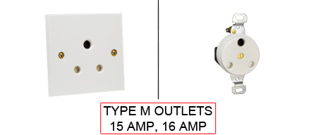 TYPE M Outlets are used in the following Countries:
<br>
Primary Country known for using TYPE M outlets is Afghanistan, India, South Africa.

<br>Additional Countries that use TYPE M outlets are 
Bangladesh, Botswana, Lesotho, Mozambique, Namibia, Nepal, Pakistan, Sri Lanka, Sudan, Swaziland.

<br><font color="yellow">*</font> Additional Type M Electrical Devices:

<br><font color="yellow">*</font> <a href="https://internationalconfig.com/icc6.asp?item=TYPE-M-PLUGS" style="text-decoration: none">Type M Plugs</a> 

<br><font color="yellow">*</font> <a href="https://internationalconfig.com/icc6.asp?item=TYPE-M-CONNECTORS" style="text-decoration: none">Type M Connectors</a> 

<br><font color="yellow">*</font> <a href="https://internationalconfig.com/icc6.asp?item=TYPE-M-POWER-CORDS" style="text-decoration: none">Type M Power Cords</a> 

<br><font color="yellow">*</font> <a href="https://internationalconfig.com/icc6.asp?item=TYPE-M-POWER-STRIPS" style="text-decoration: none">Type M Power Strips</a>

<br><font color="yellow">*</font> <a href="https://internationalconfig.com/icc6.asp?item=TYPE-M-ADAPTERS" style="text-decoration: none">Type M Adapters</a>

<br><font color="yellow">*</font> <a href="https://internationalconfig.com/worldwide-electrical-devices-selector-and-electrical-configuration-chart.asp" style="text-decoration: none">Worldwide Selector. All Countries by TYPE.</a>

<br>View examples of TYPE M outlets below.
